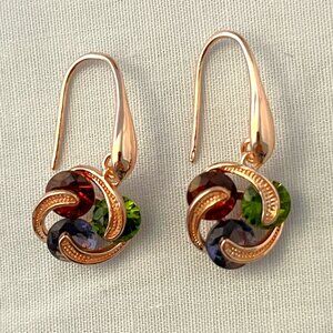 Birthstone Earrings, Rose Gold Plated, Round Garnet, Emerald, Amethyst Zircons